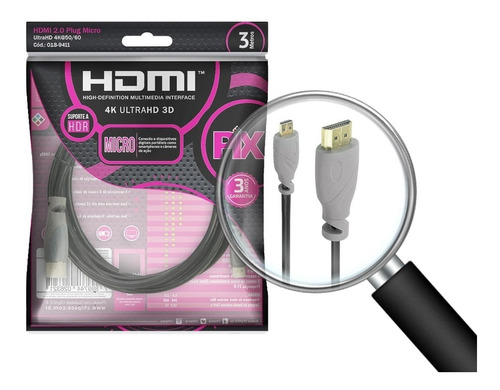 Cabo Micro Hdmi X Hdmi 2.0 4k Hdr 19p 3m Go Pro 018-9411