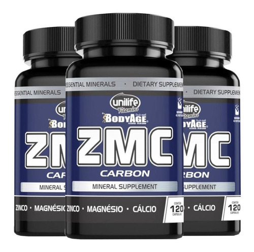 Zmc Carbon Zinco Magnésio Cálcio 120 Cáp 950mg Kit Com 3