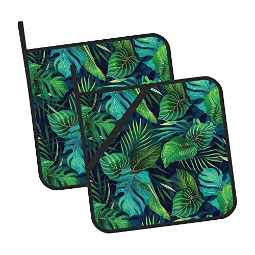 Green Tropical Leaves Pot Holders Set Of 2 Kitchen Heat Resi