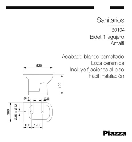 Bidet Loza Monocomando Amalfi Blanco Sanitario