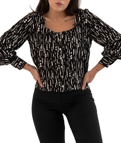 Blusa Nano, Lino Estampado Escote Cuadrado Londres #e2207