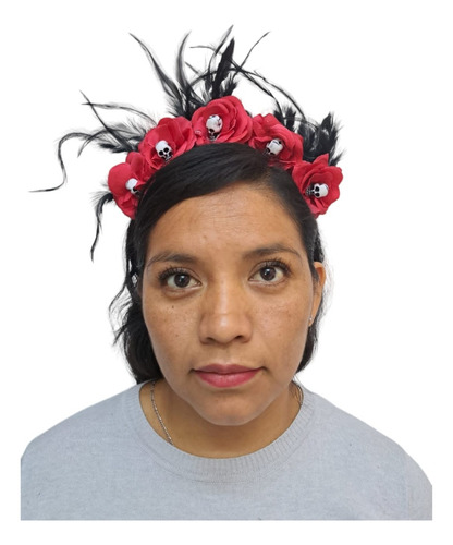 Diadema De Calaveras Con Plumas Negra Y Roja Para Halloween Color Rojo