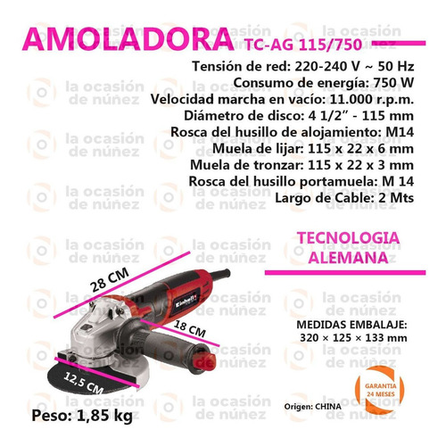 Imagen 2 de 7 de Amoladora Angular Einhell De Mano Tc-ag 115/750 115mm 750w