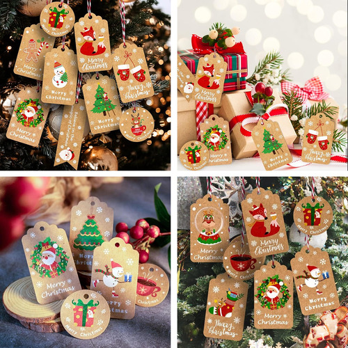 100 Pcs Etiquetas Papel Kraft Navideñas Para Regalo Con 32