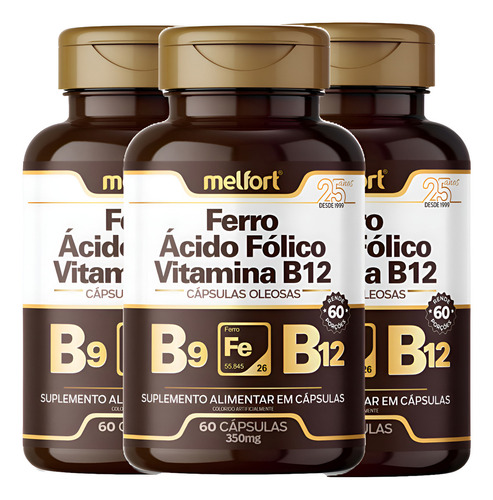 Kit 3 X Ácido Fólico + Ferro + Vitamina B12 180 Cápsulas Sabor Sem Sabor