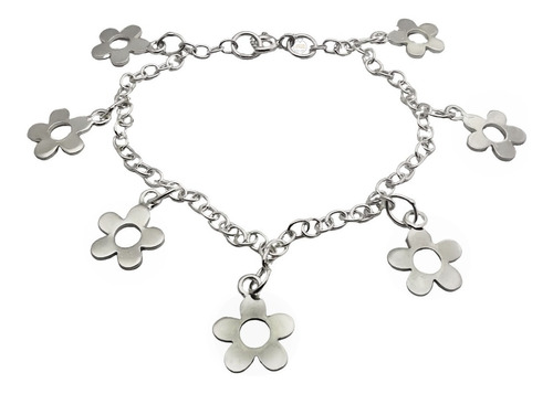 Pulsera Con Dijes Colgando Chiches Flores Plata Fina 925