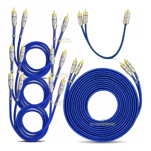 Kit 1 Cabo Rca 5mt + 1 Y + 3 1mt Blindado Profissional Azul