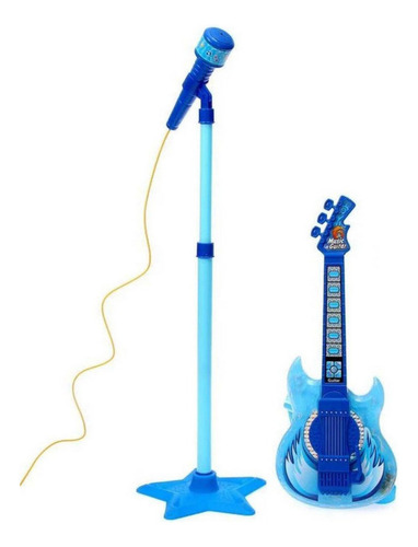 Set Guitarra Microfono Pedestal Juguete Mp3 Luces Color Azul