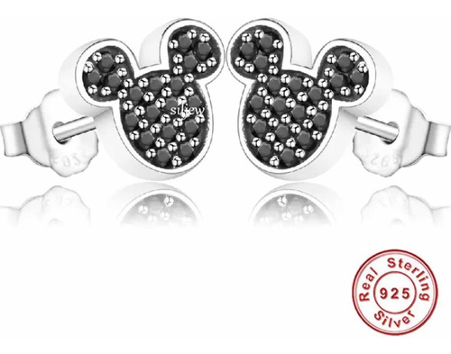 Aros Mickey De Plata Esterlina Y Circonita Negra.