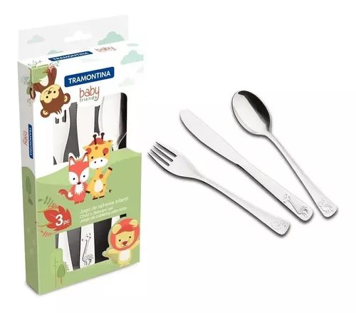 Jogo de Talheres Infantil Tramontina Baby Friends em Aço Inox Acabamento  Brilho com Desenho em Alto Relevo 4 Peças