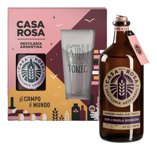 Gin Casa Rosa Artesanal Ciruela + Copa Y Estuche Para Regalo