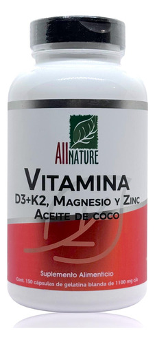 Vitamina D3+k2 Magnesio Zinc Aceite De Coco 150 Cáps All Nat
