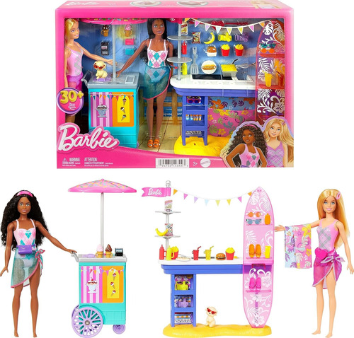 Barbie Set De Playa Mattel 2 Muñecas, Stands Y 30 Accesorios