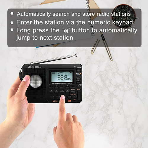 // Rádio Portátil Retekess V115 Am Fm Sw Pocket Recorder