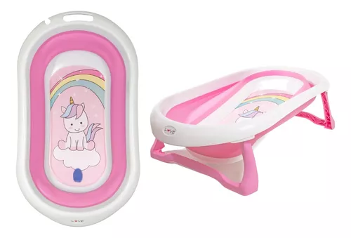 Bañera Bebe Plegable Mega Baby con Tapon y Patas Rosa