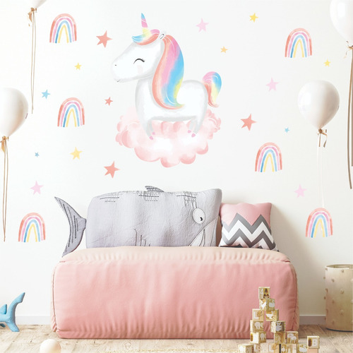 Vinilos Pared Infantil Unicornio Arcoiris Estrellas Acuarela