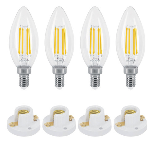 Focos Led Tipo Vela, Luz Cálida 4pz + 4 Sockets De Porcelana