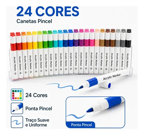 Caneta Marcadora Acrílica 24 Cores Canetinha Ponta Pincel Profiss...