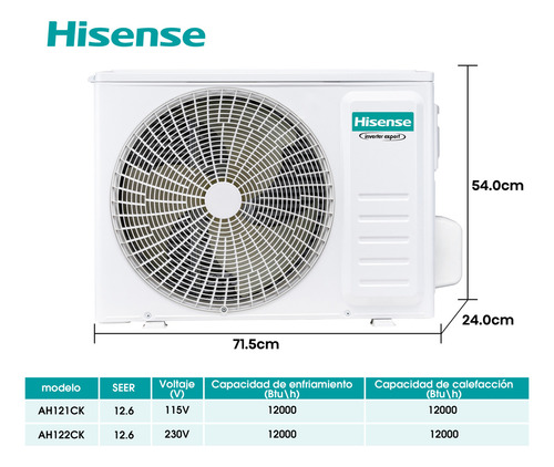 Hisense Aire Acondicionado Mini Split AH122CK, 12000 Btu, 1 Toneladas, 220v, FRIO CALOR control remoto, temporizador de encendido y apagado, función sleep y 3 velocidades de ventilación
