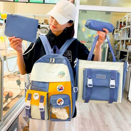 Set 4 Mochilas Complementos Coreana Casual Escolar Gran Capacidad Bolsa Color Negro Ele-Gate