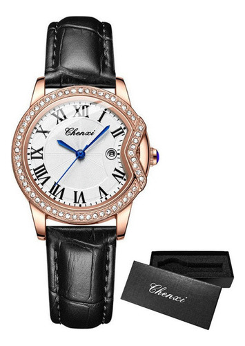 Reloj De Cuero Elegante Con Calendario De Diamantes Chenxi