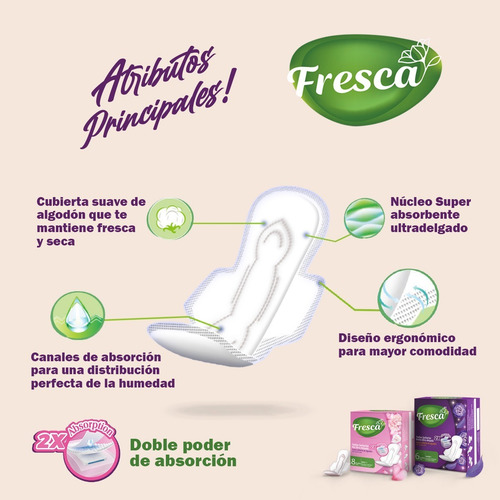 Imagen 3 de 4 de Toallas Sanitarias Fresca Ultradelgada Noche 6 Und 24 Paq