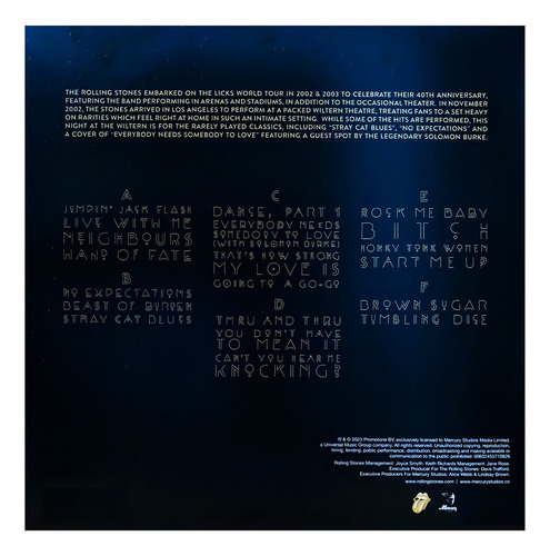 - Live At The Wiltern - Edição limitada de vinil 2024 em uma caixa de plástico produzida pela Universal Music