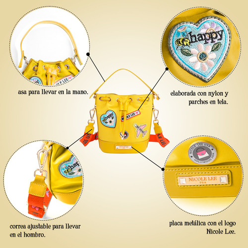 Bolsa De Jareta De Nicole Lee De Nylon Con Parches Ss25 Acabado De Los Herrajes Níquel Color Amarillo Correa De Hombro Color Patch Diseño De La Tela Color Patch
