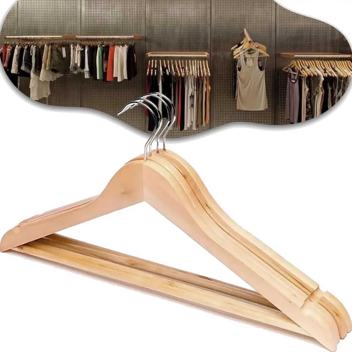 Kit 3 Un Cabides De Madeira Com Barra Antideslizante