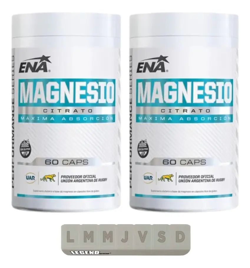 Citrato De Magnesio Cápsulas Ena Sport 60 Caps Sin Sabor X2 + Pastillero Legend