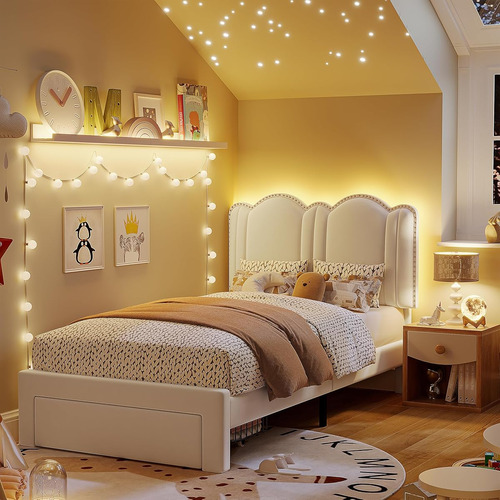 Base De Cama Enhomee C/cajón & Luces Led Individual Crema