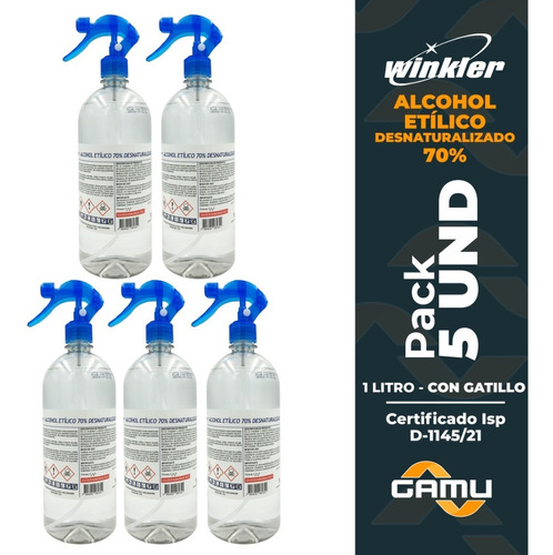 Alcohol Desnaturalizado 70% 1 L - C/atomizador - Pack 5 Unid
