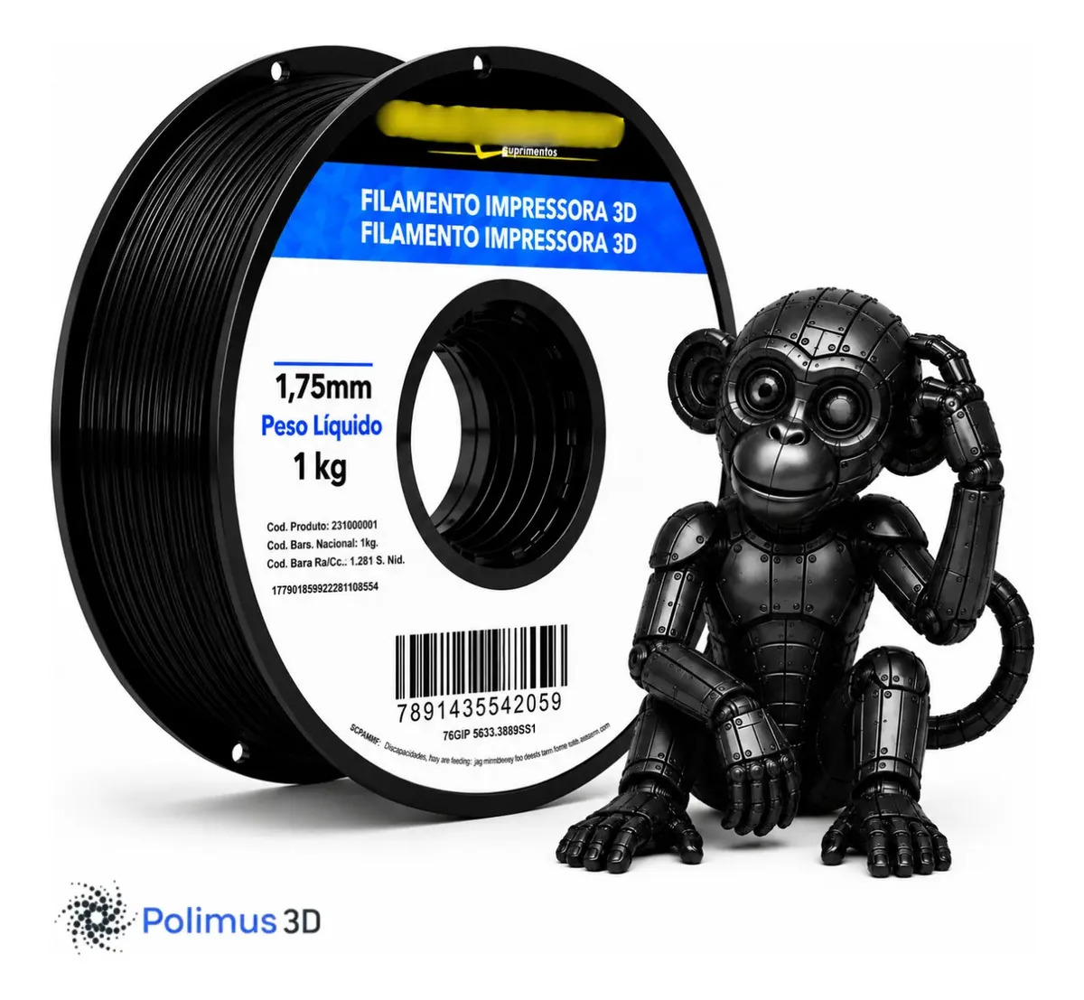 Filamento De Impressão 3D PETG Cor PRETO 1kg Brilho Premium Para Imprimir Peças 3D Impressora 3D Modelagem Miniaturas Enfeites e Projetos By Polimus 3D