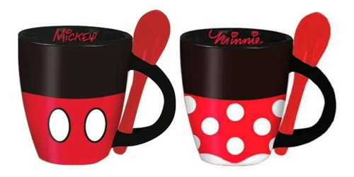 Dúo Tazas Mickey Y Minnie Mouse Con Cuchara Disney Color Rojo