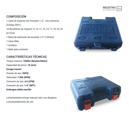 Imagen 3 de 9 de Llave Pistola Impacto Neumatica Bremen 1/2 760nm Kit Industrial Doble Martillo Cod. 7132 Dgm