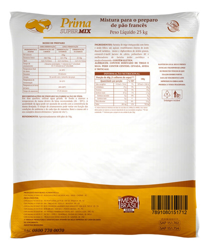 Mistura para Pão Francês Prima Premium 365 Supermix Saco 25kg