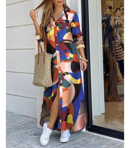Vestido Holgado Con Botones Y Bolsillos Con Estampado