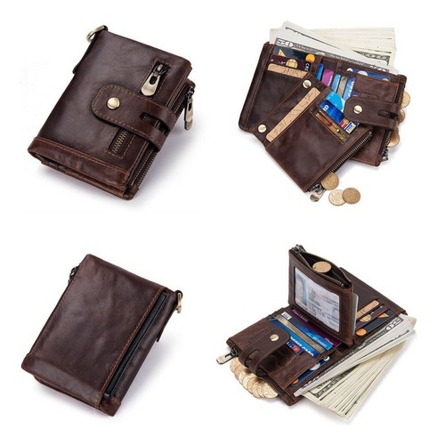 Cartera De Cuero Genuino Para Hombre Con Cadena Antirrobo Y