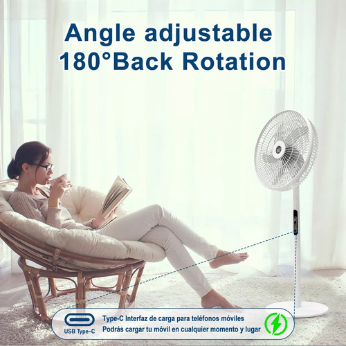 Ventilador Solar 16 Recargable De Batería Grande Silencioso Con 5 Aspas Y Usb,35000mah Ventilador Solar Recargable Con Control Remoto,Ventiladores De Piso Ajustable 16in Con Remoto 3 Vel,Blanco