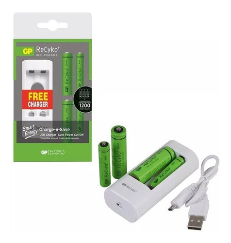 Imagen 1 de 1 de Cargador De Pilas Usb + 4 Pilas (2 Aa Y 2 Aaa) Gp Recyko