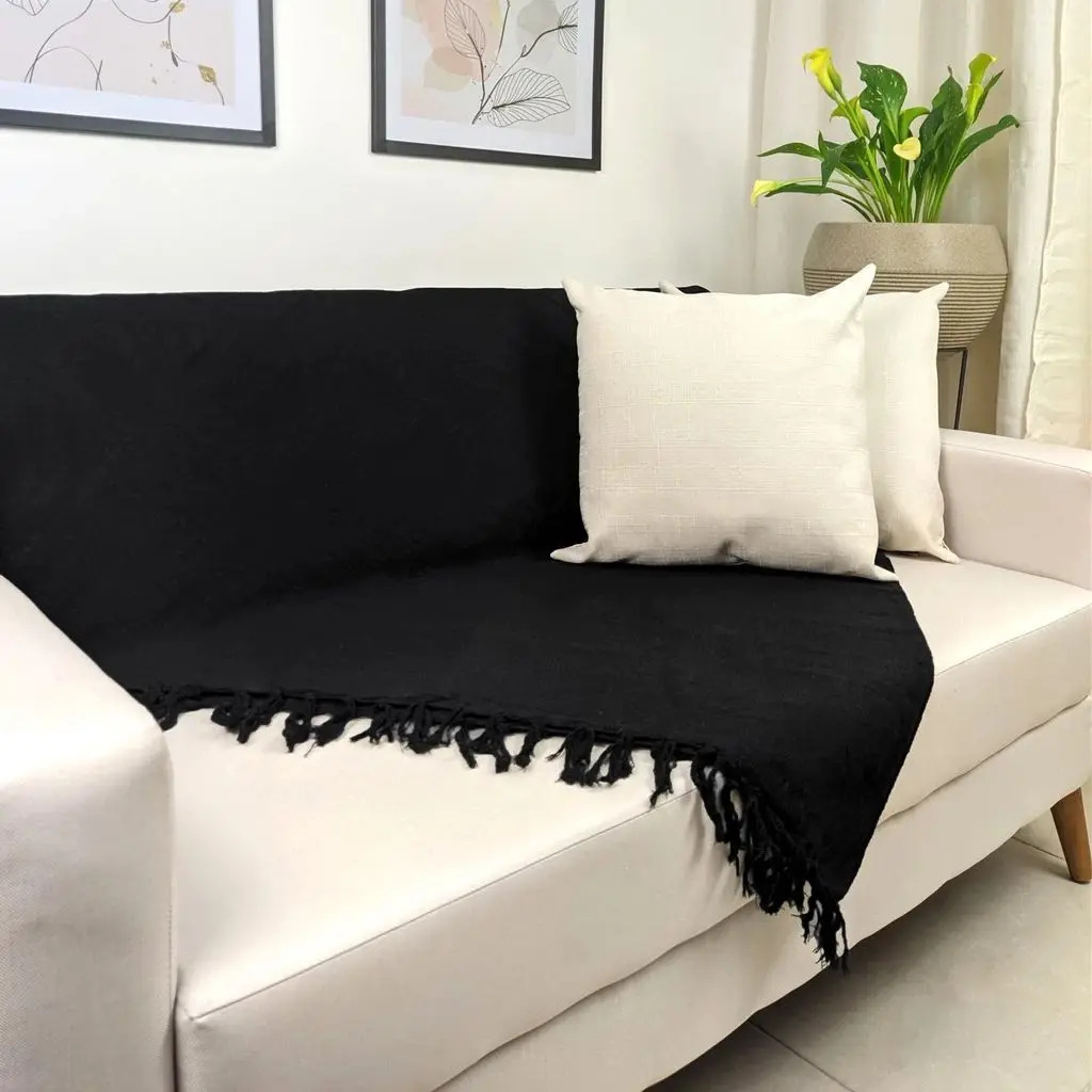 Manta Preta Para Sofá Naell 100% Algodão 240x180cm com Franjas
