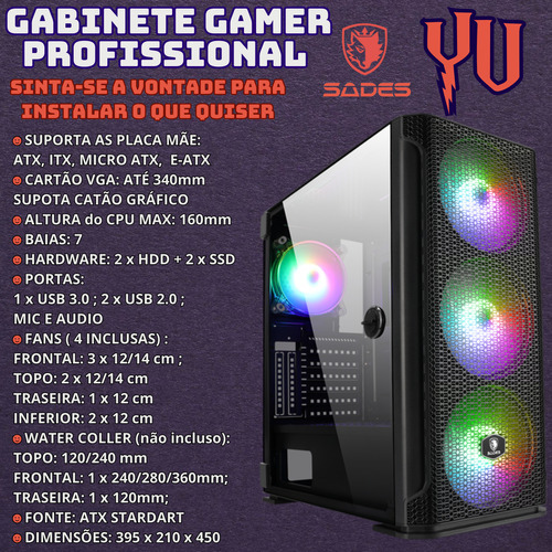 Gabinete de PC para juegos Sades Yu Rgb de vidrio templado, 4 ventiladores incluidos, puerta de vidrio templado Atx Rgb negra, alta compatibilidad, disipación de calor