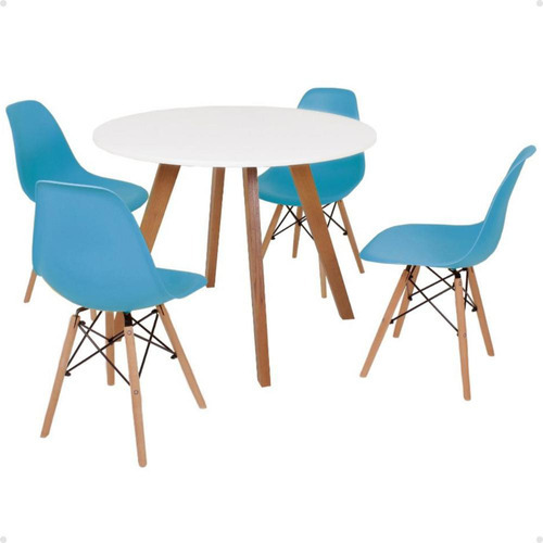 Mesa Inês 100cm Branca + 4 Cadeiras Eames Eiffel Cor Turquesa