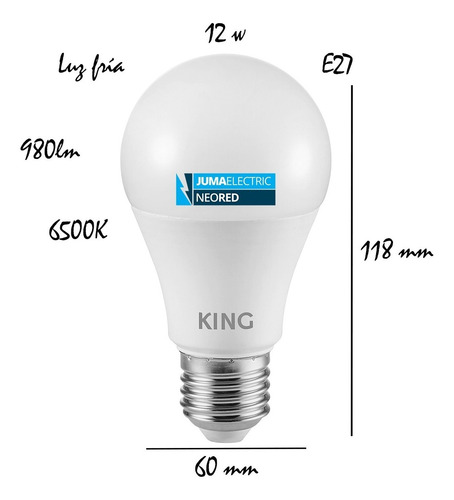 Imagen 2 de 6 de Pack 10 King Lampara Led Bulbo A60 - Blanco Frío 12w E27