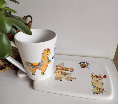 Set Taza Y Bandeja Desayuno Cerámica Regalos Blanco