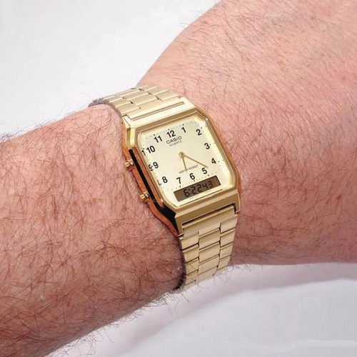 Relogio Casio Vintage Analógico E Digital Dourado Aq-230