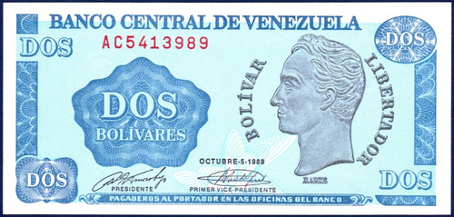 Imagen 1 de 2 de Billete 2 Bolívares Ac7 Oct 05 1989 Simón Bolívar Tinoquito