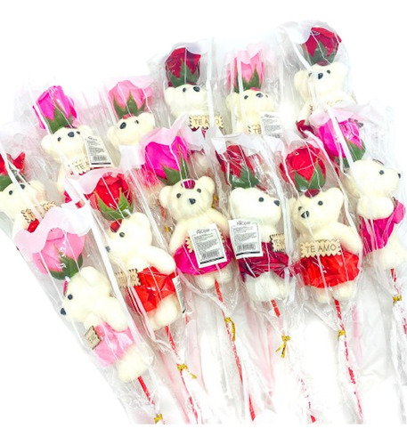 12 Rosas Rosa Con Oso Te Amo San Valentín Día Enamorados 
