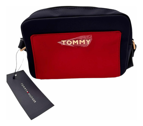 Bolsa Bandolera Tommy Hilfiger 69j8559 Diseño Lisa De Sintético  Roja Con Correa De Hombro Azul Asas Color Azul Y Herrajes Dorado