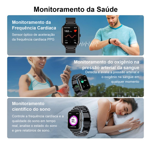 Smartwatch Mertto para homens e mulheres, 1,83 polegadas, Bluetooth, chamadas, notificações de informações, iOS, Android, esportes, saúde, preto, duas alças